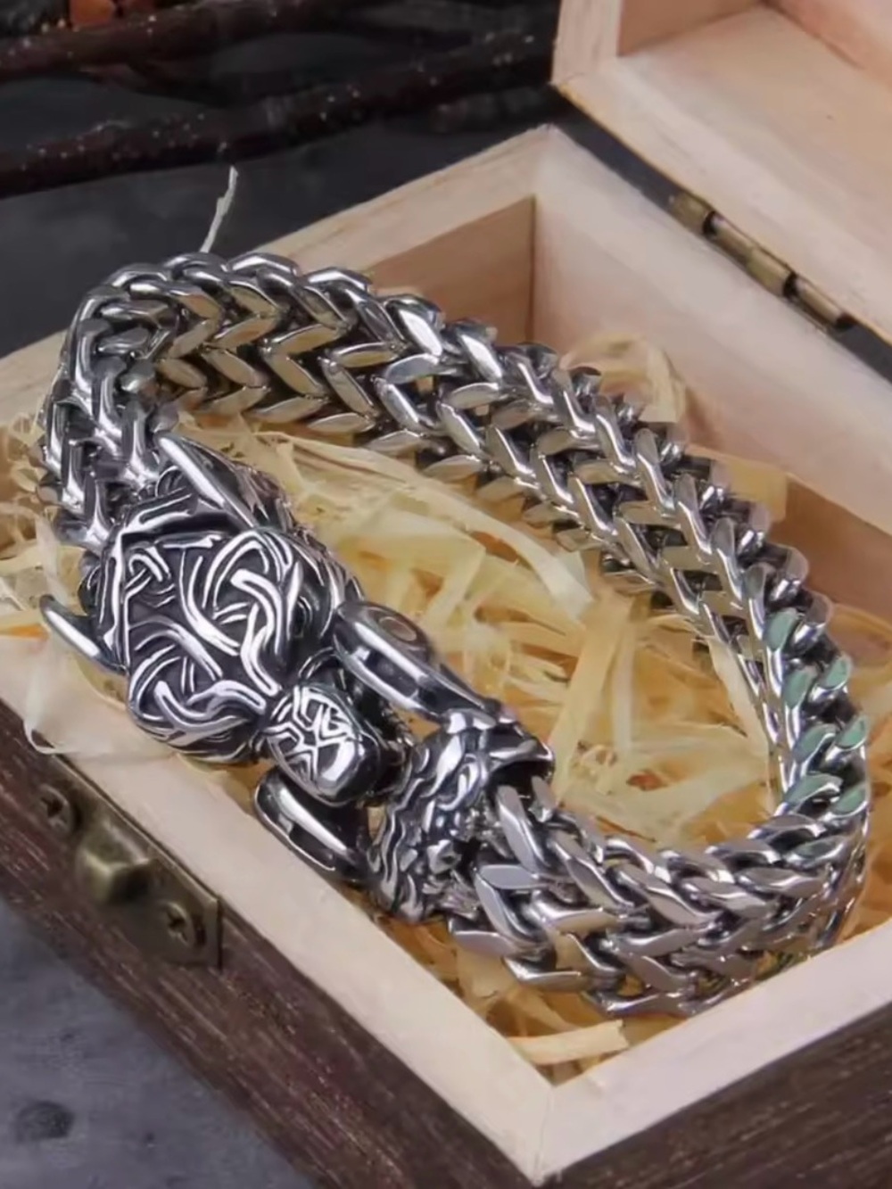 Sterling Silver Viking Wolf Bracelet - Braided Chain - Picture 5 of 11